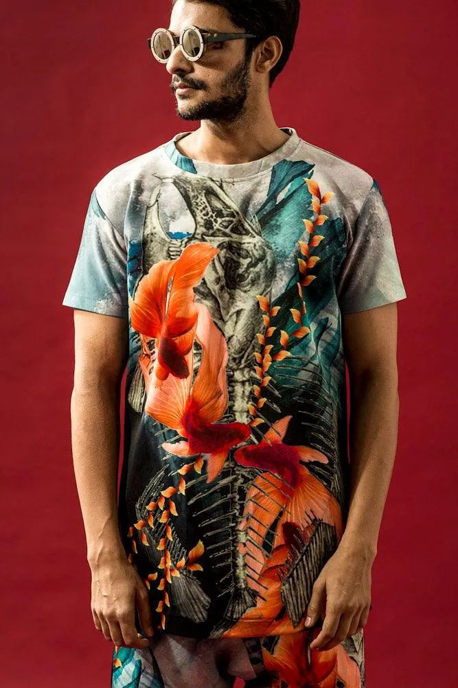 Fish Skeleton Print Long T-Shirt