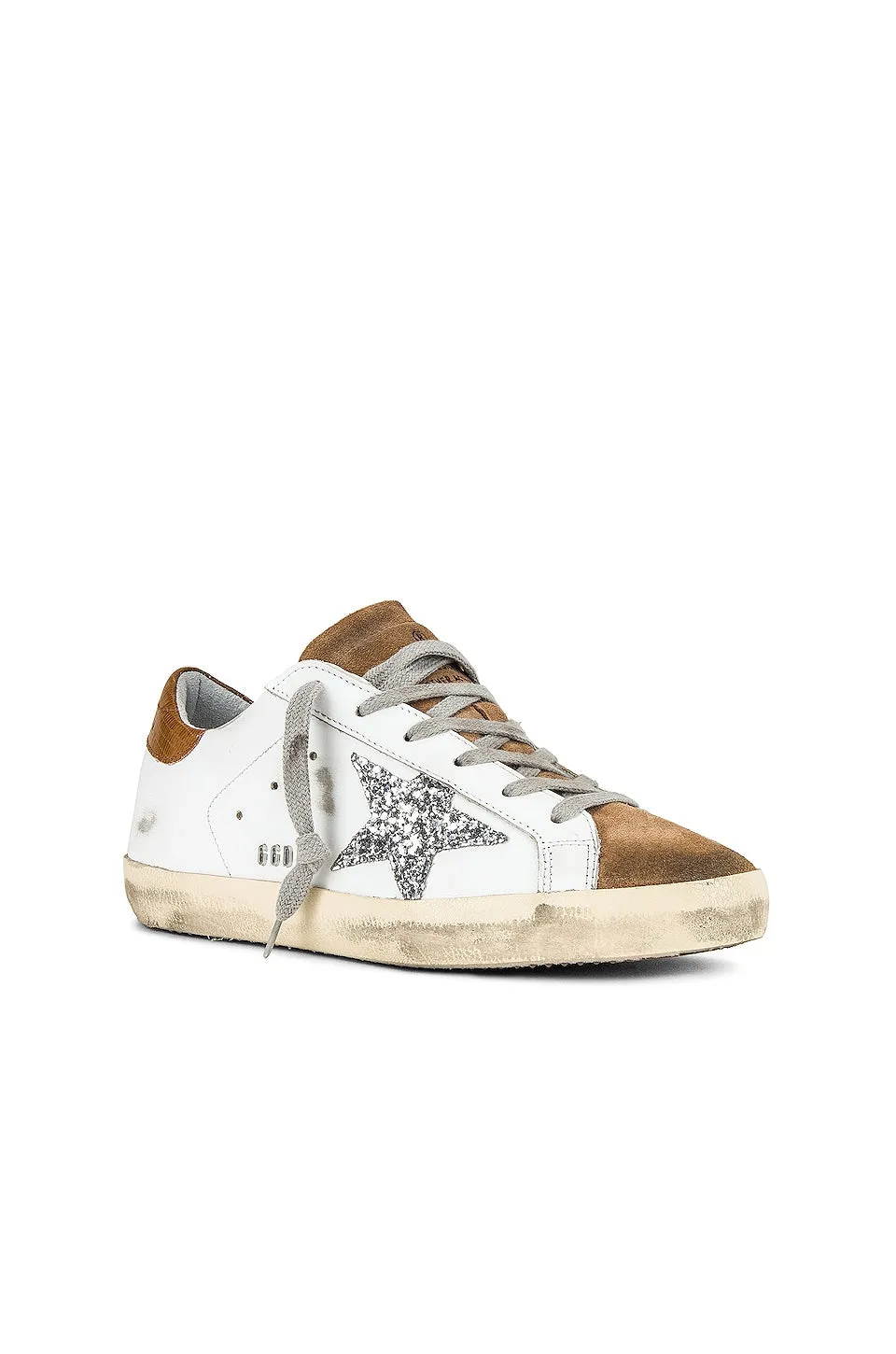Golden Goose Superstar Sneakers, White, Tobacco, Silver, & Taupe