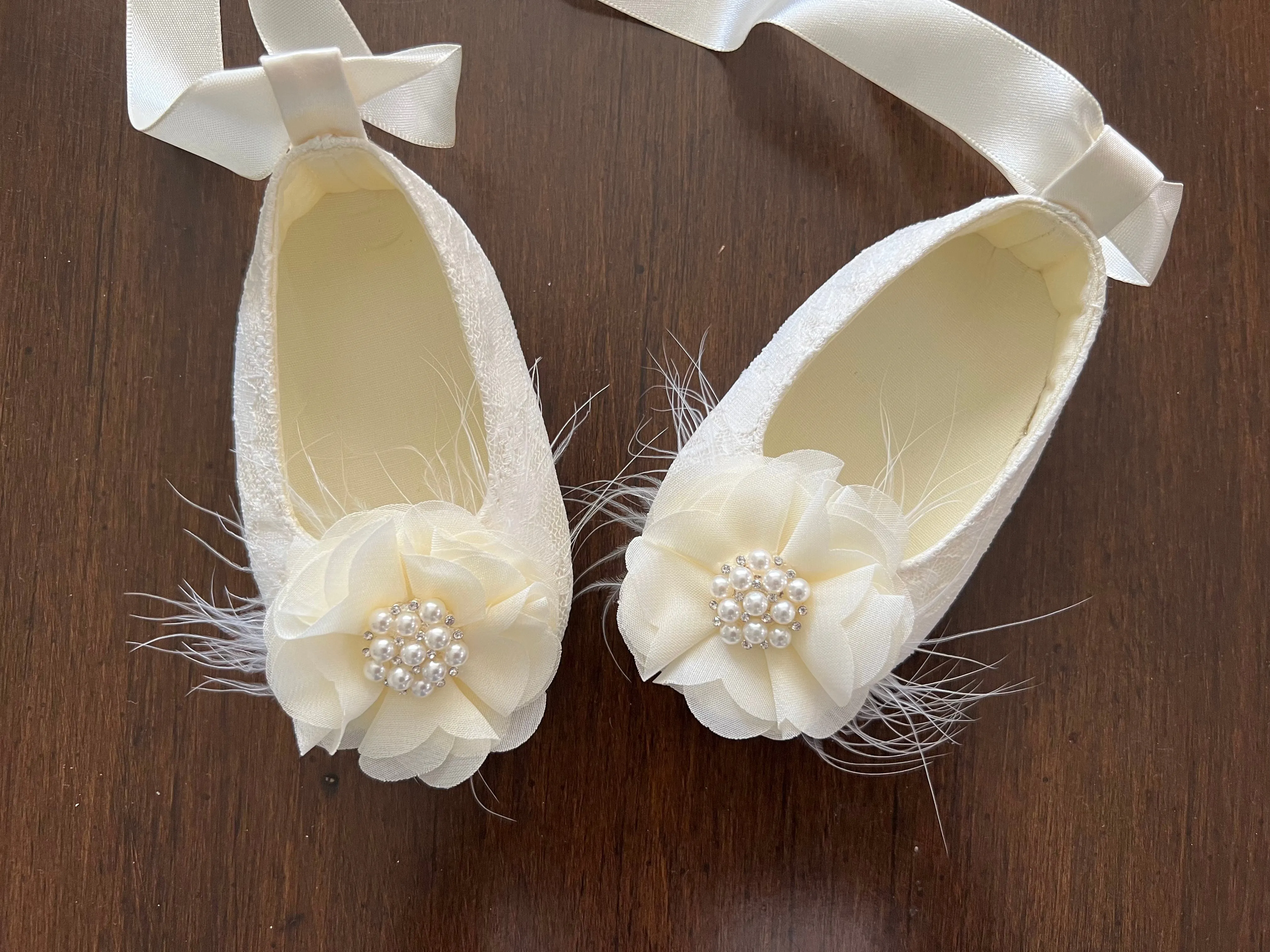 Ivory Baptism Shoes with Flowers, Pearls, & Rhinestones