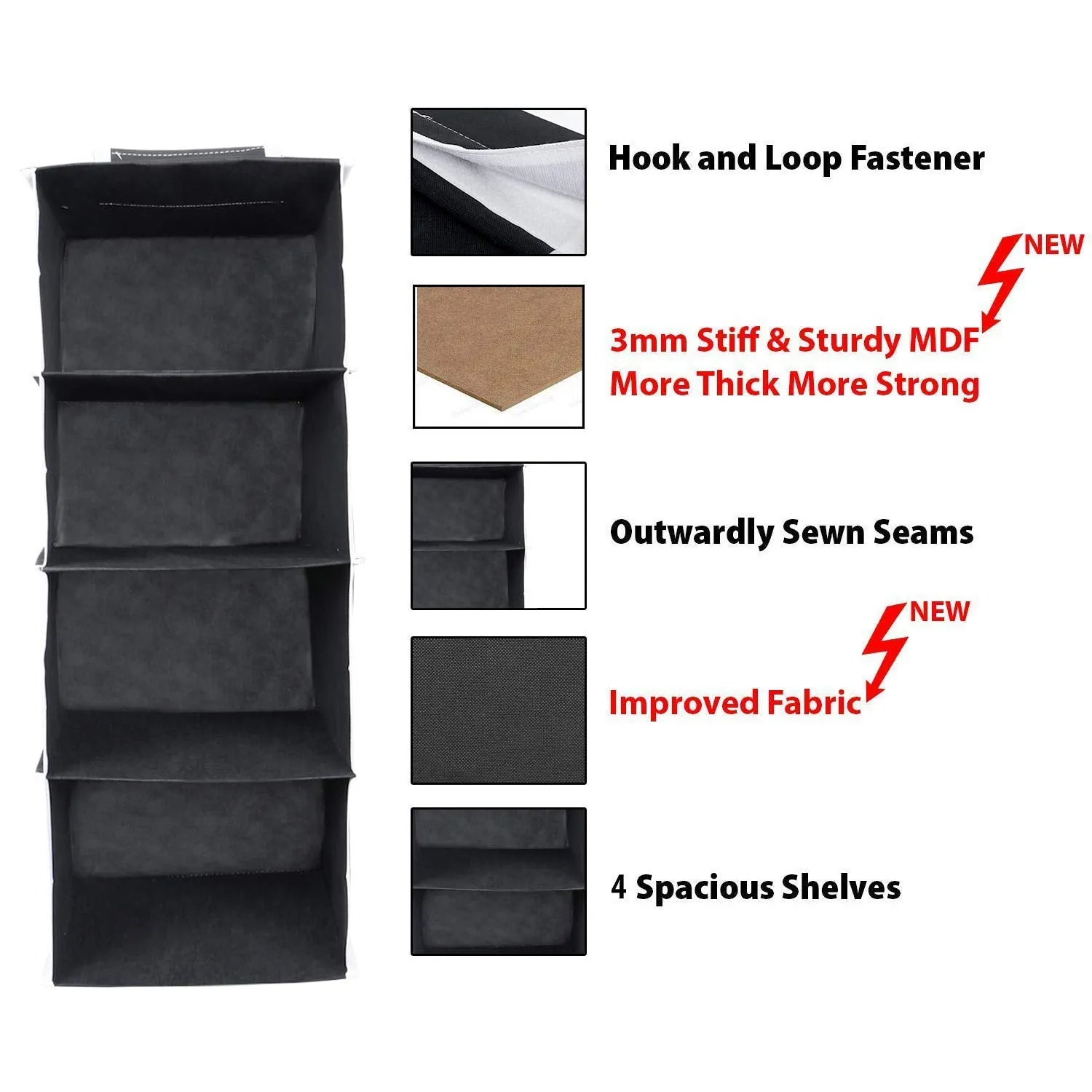 Kuber Industries 4 Shelf Closet/ Wardrobe Hanging Organizer|Shoes Storage Cupboard|Non Wovan Foldable With Universal Fit|Size 31 x 25 x 80, Pack of 1 (Black)- (Glossy,Fabric)