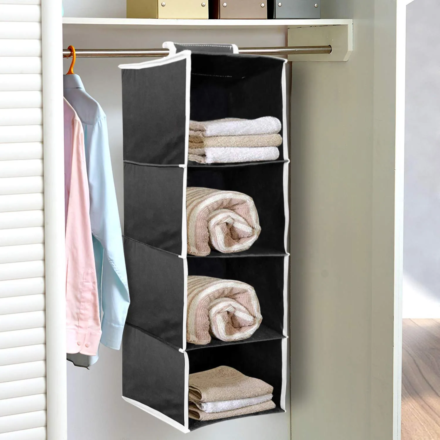 Kuber Industries 4 Shelf Closet/ Wardrobe Hanging Organizer|Shoes Storage Cupboard|Non Wovan Foldable With Universal Fit|Size 31 x 25 x 80, Pack of 1 (Black)- (Glossy,Fabric)