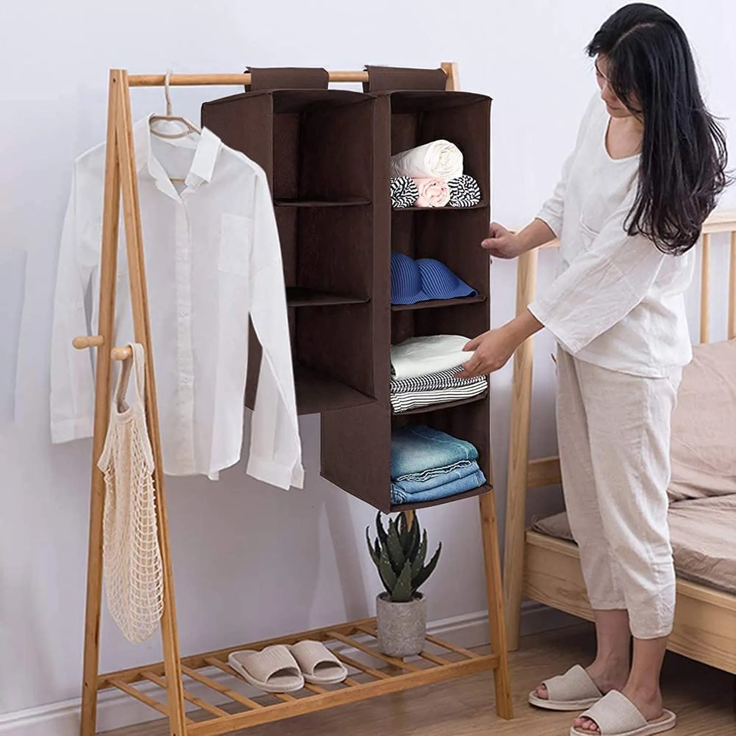 Kuber Industries 4 Shelf Closet/Wardrobe Hanging Organizer|Shoes Storage Cupboard|Non Wovan Foldable With Universal Fit|Size 31 x 25 x 80, Pack of 1 (Brown)|Fabric