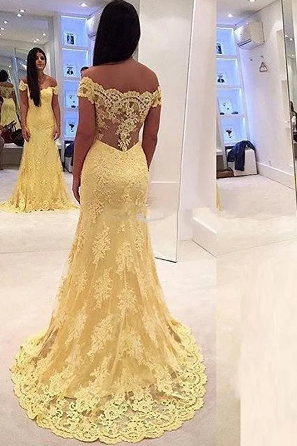 Off-the-Shoulder Long Lace Sweep Train Mermaid Prom Dresses Evening Dresses,SVD315