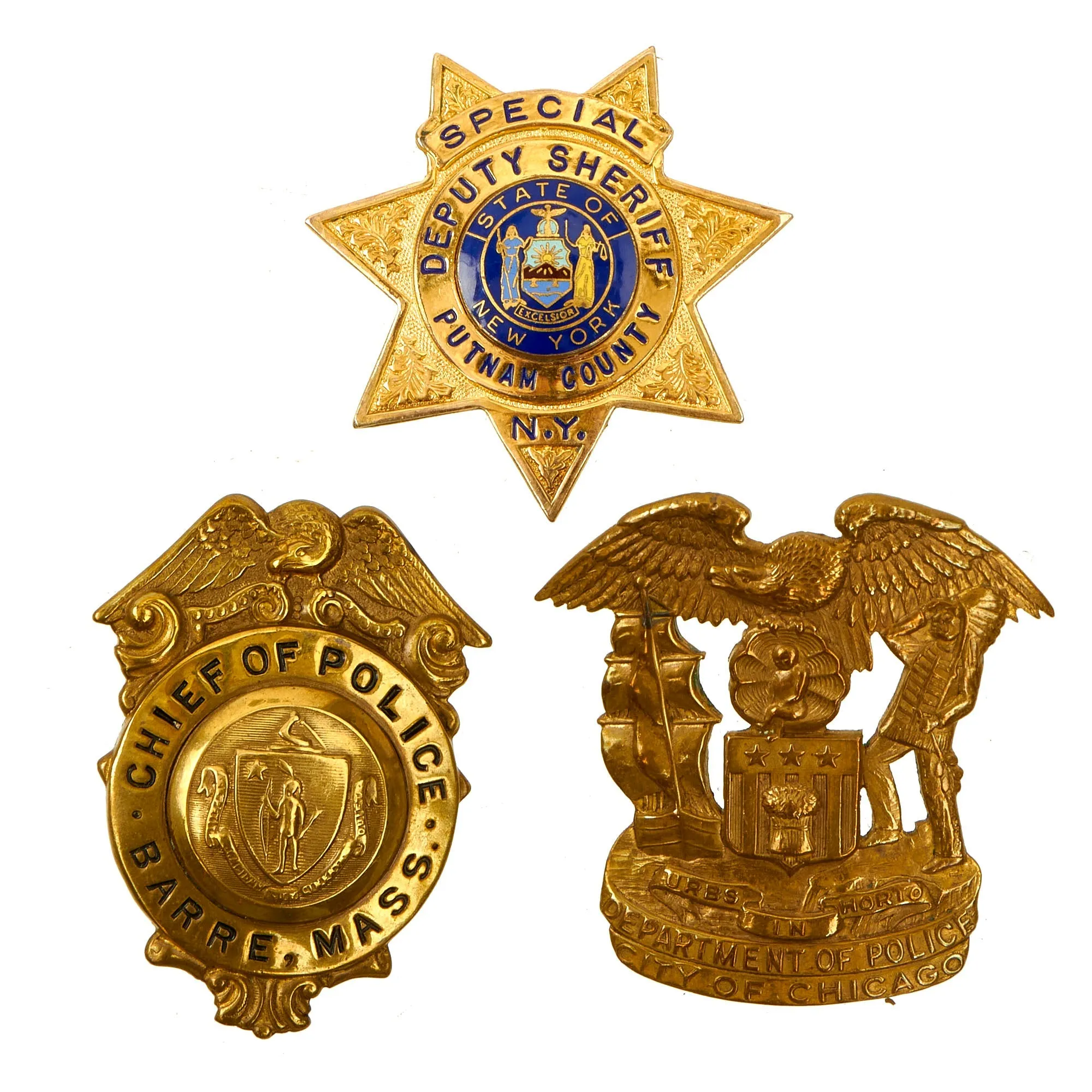 Original U.S. Law Enforcement & Fire Department Cap / Chest Badge Insignia Grouping - 7 Items