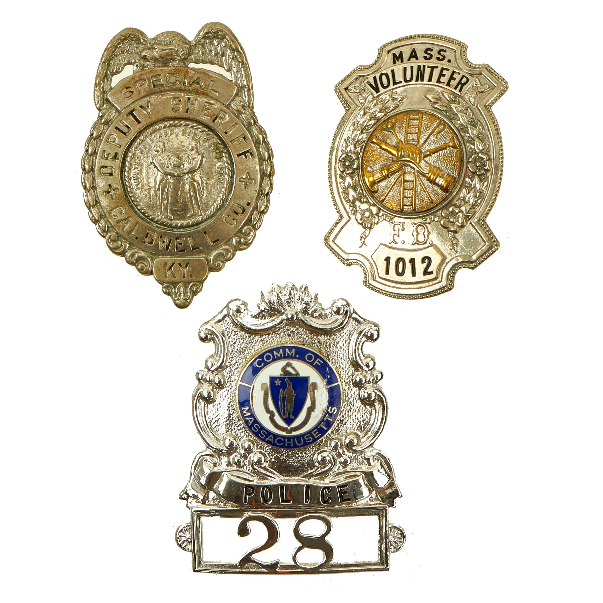 Original U.S. Law Enforcement & Fire Department Cap / Chest Badge Insignia Grouping - 7 Items