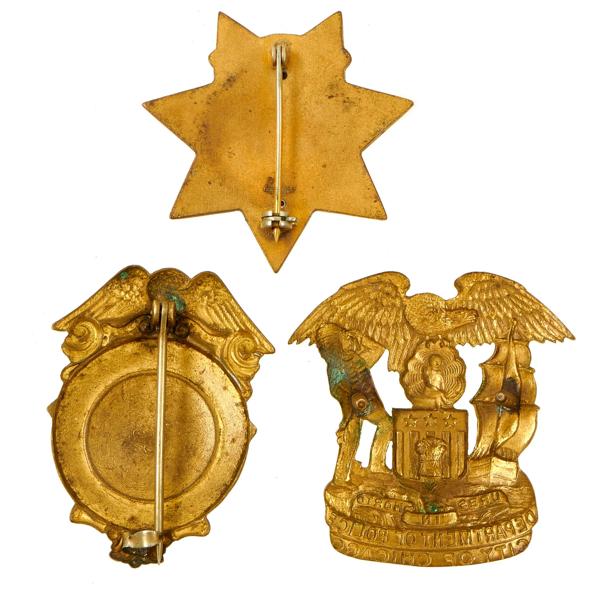 Original U.S. Law Enforcement & Fire Department Cap / Chest Badge Insignia Grouping - 7 Items