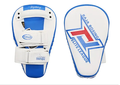 RAJA RTMP-9 MUAY THAI BOXING MMA PUNCHING AIR LONG FOCUS MITTS KICK PADS Cooltex PU Leather 35.5 x 22.5 x 7 cm White Blue