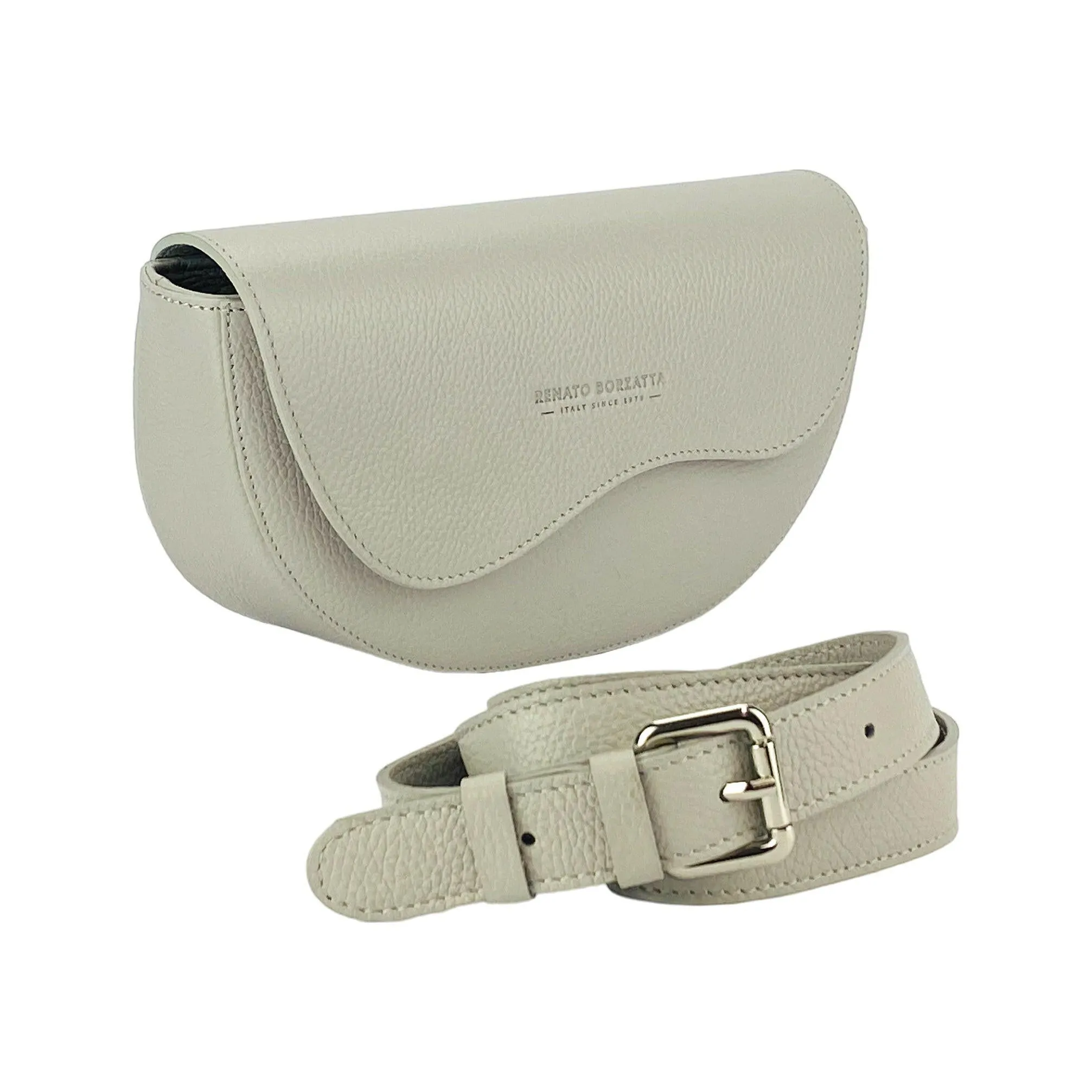 RB1027BO | Women's rounded crossbody bag in genuine leather Made in Italy. Removable and adjustable leather shoulder strap. Polished Nickel Accessories - Ice Color - Dimensions: 25 x 15 x 9 cm