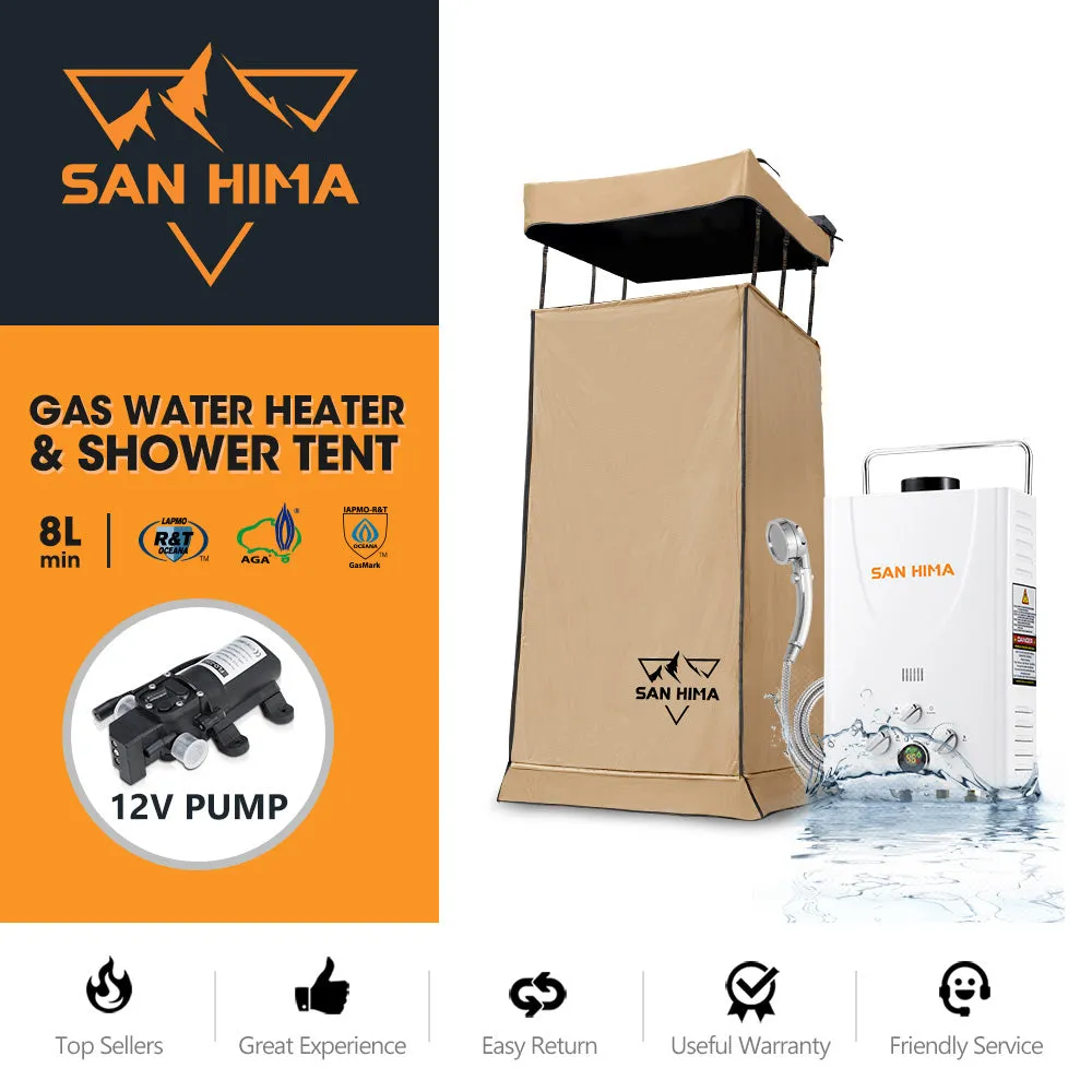 San Hima Camping Shower Tent Awning Fold-Out Instant Ensuite   8L Gas Hot Water Heater