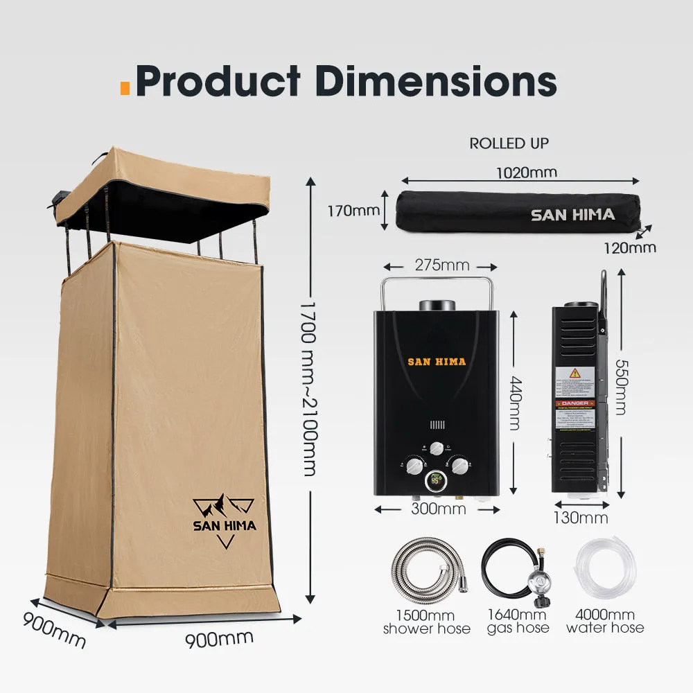 San Hima Camping Shower Tent Awning Fold-Out Instant With 8L Gas Hot Water Heater
