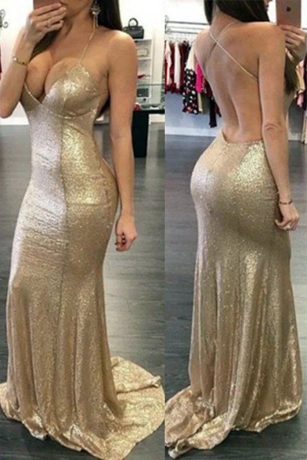 Sexy Golden Deep V-Neck Halter Sweep Train Open Up Long Prom Dress,M229