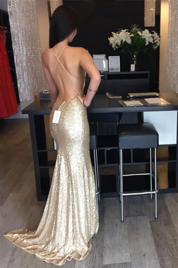 Sexy Golden Deep V-Neck Halter Sweep Train Open Up Long Prom Dress,M229