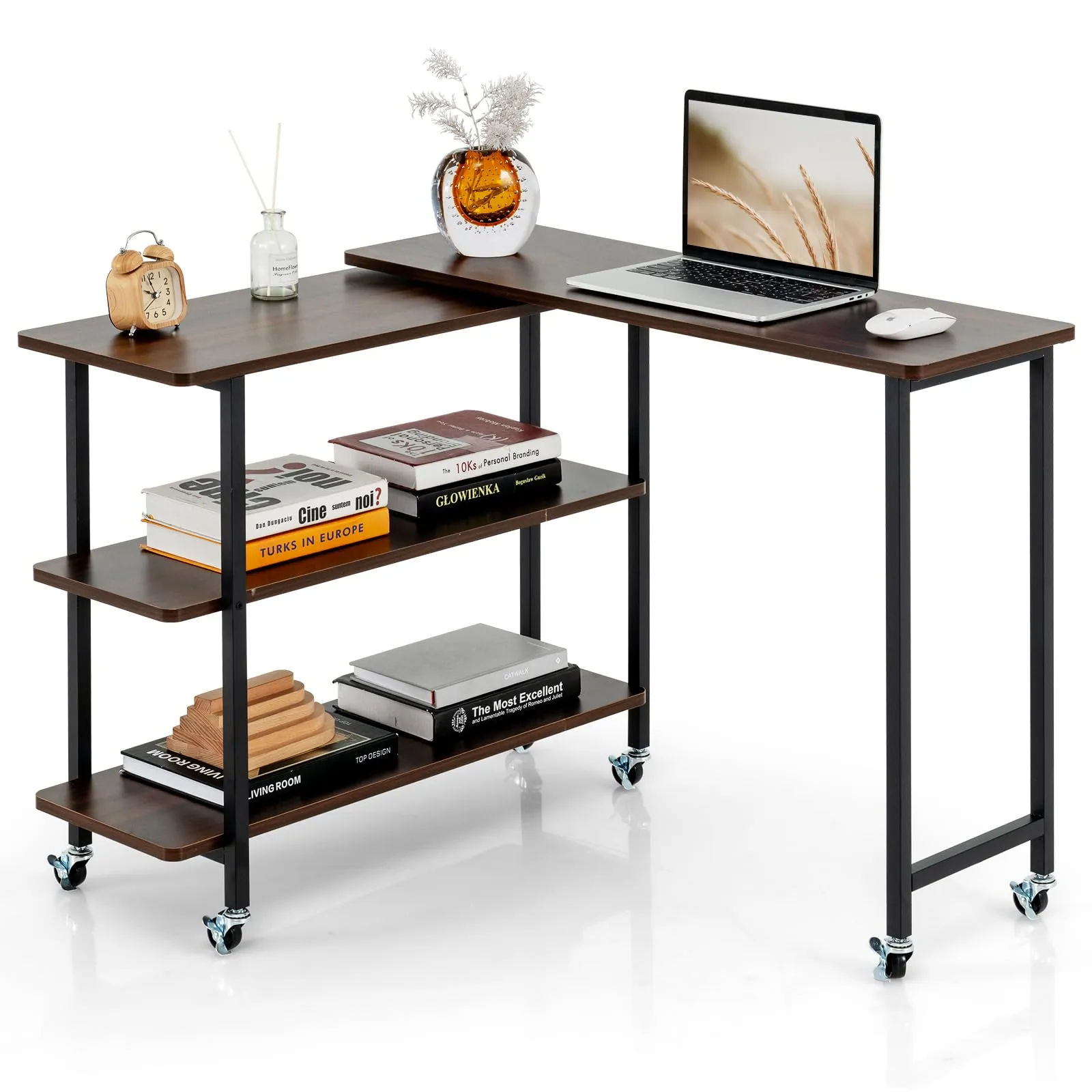 Tangkula 360°Rotating Sofa Side Table, Mobile End Table with 2-Tier Storage Shelves