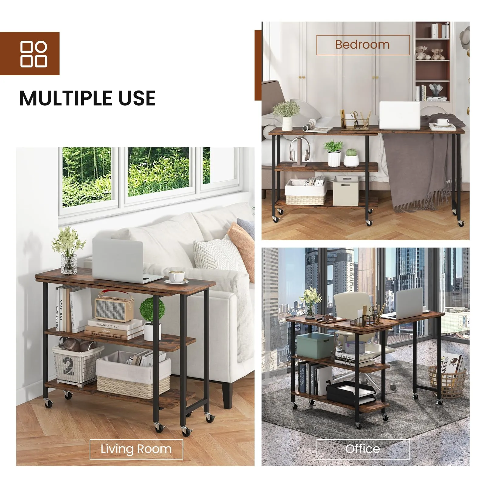 Tangkula 360°Rotating Sofa Side Table, Mobile End Table with 2-Tier Storage Shelves