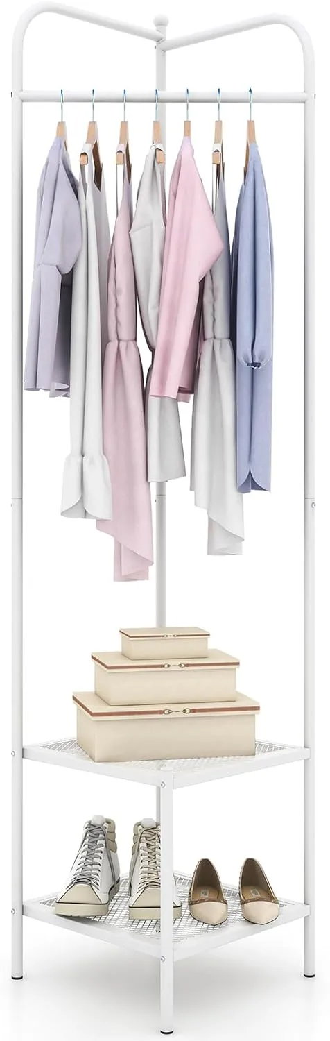 Tangkula Corner Coat Rack with Storage, Simple Hall Tree with Hanging Rod & 2 Mesh Shelves
